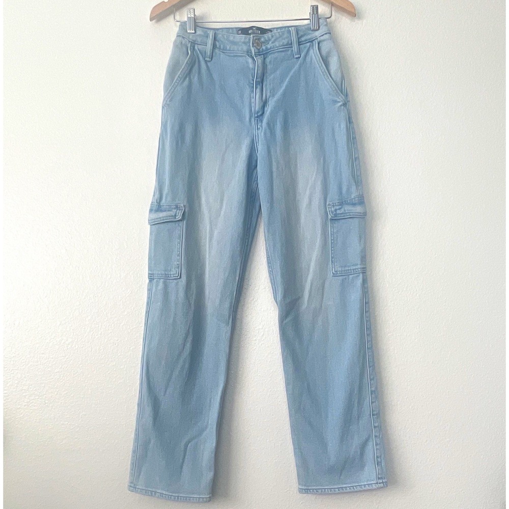 Hollister Women's Light Wash Blue High Rise Dad Denim Jeans Cargo Pocket 25